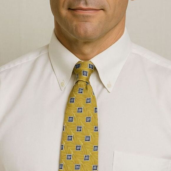 Jos. A. Bank Gold with Blue Diamond Geo Print 100% Silk Long Tie - Picture 1 of 9